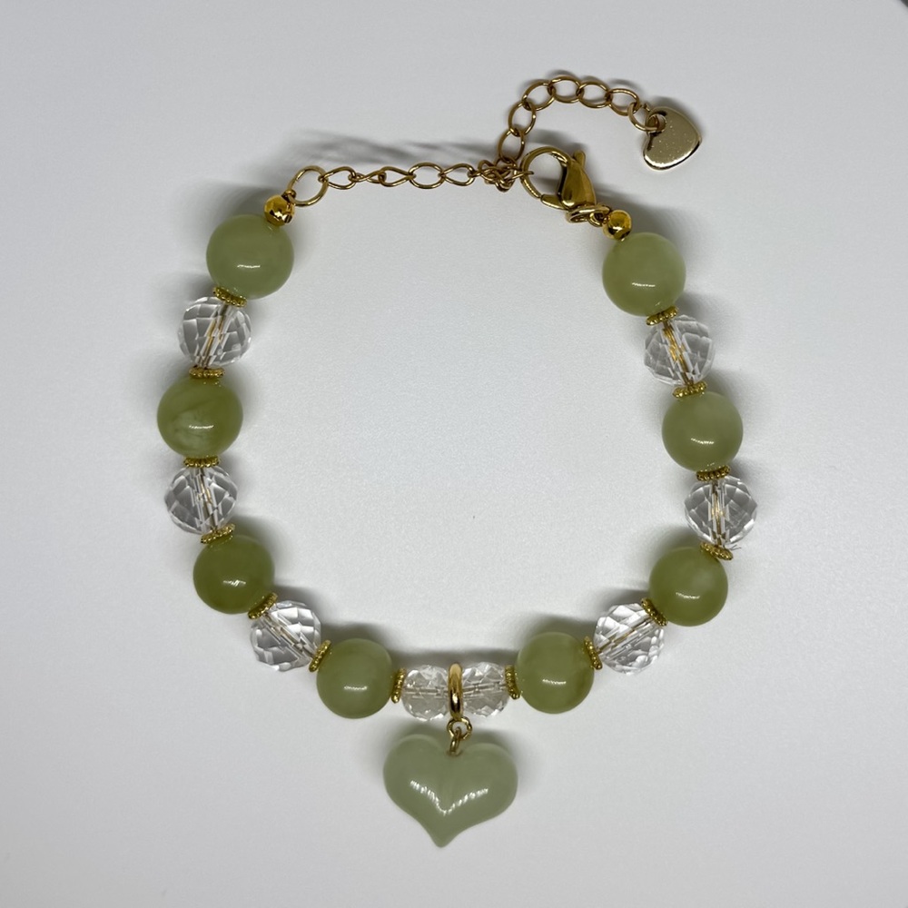 Natural Green Jade and Faceted Clear Quartz Crystal Bracelet